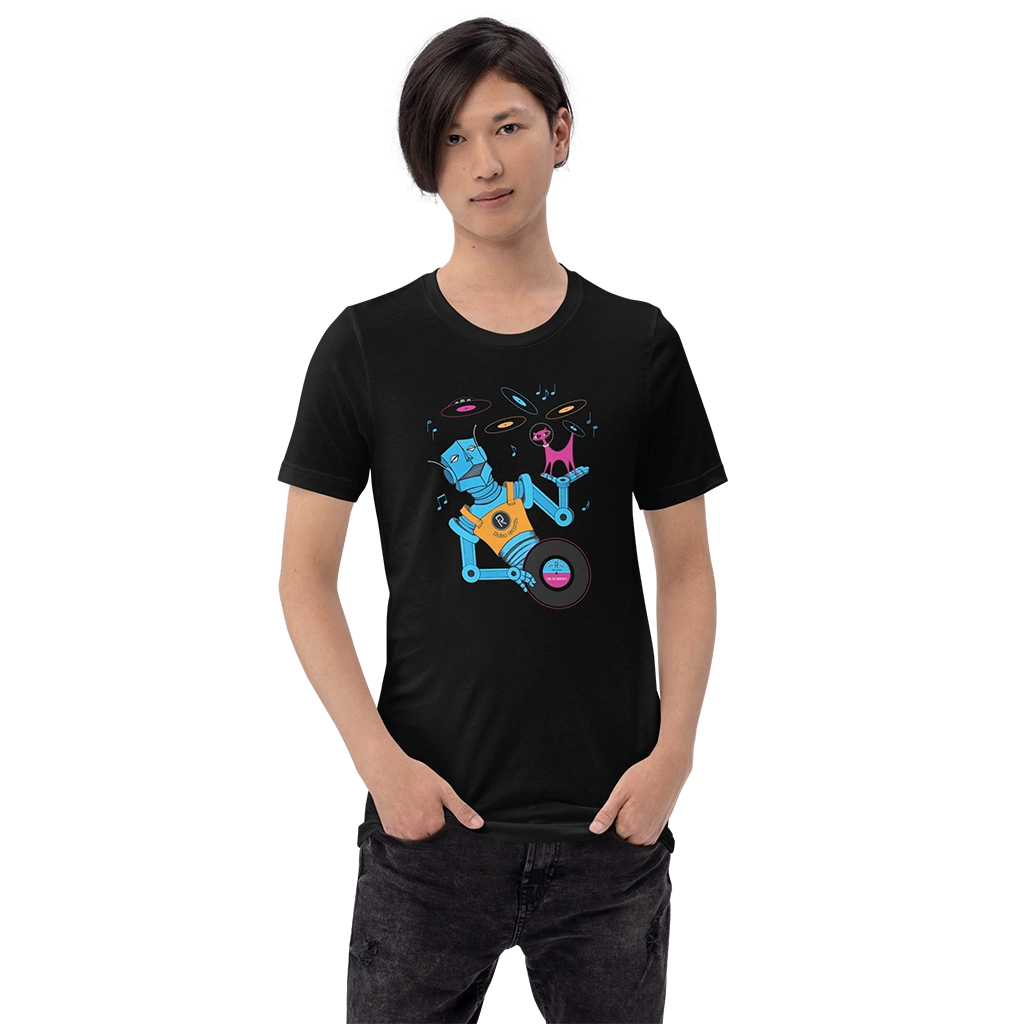 Unisex Black Robo Records T-shirt by Ridgeline Arts on model