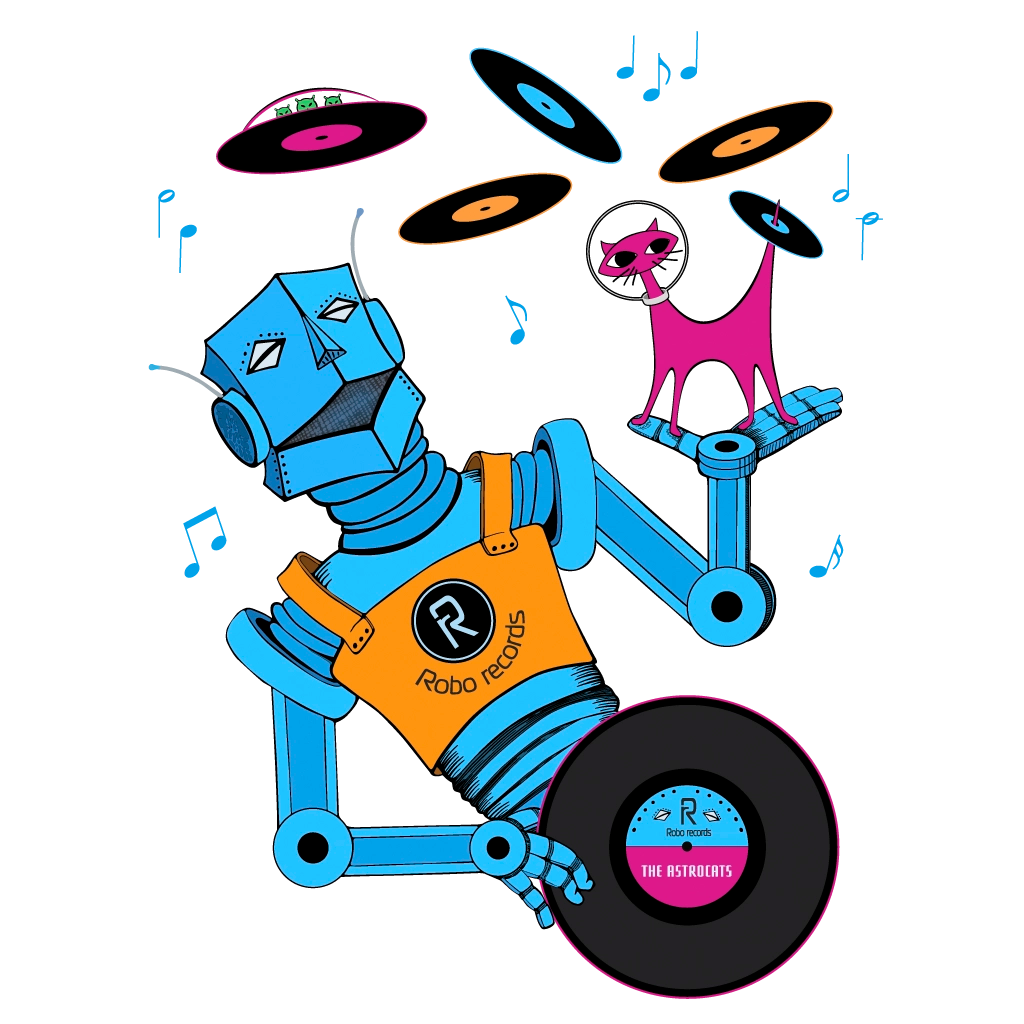 Robo Records Astrocat design by Denise Marta-Burch